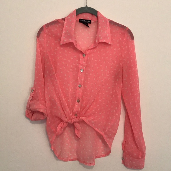 Sheer Hot Pink Polka Dot button up - Picture 2 of 5